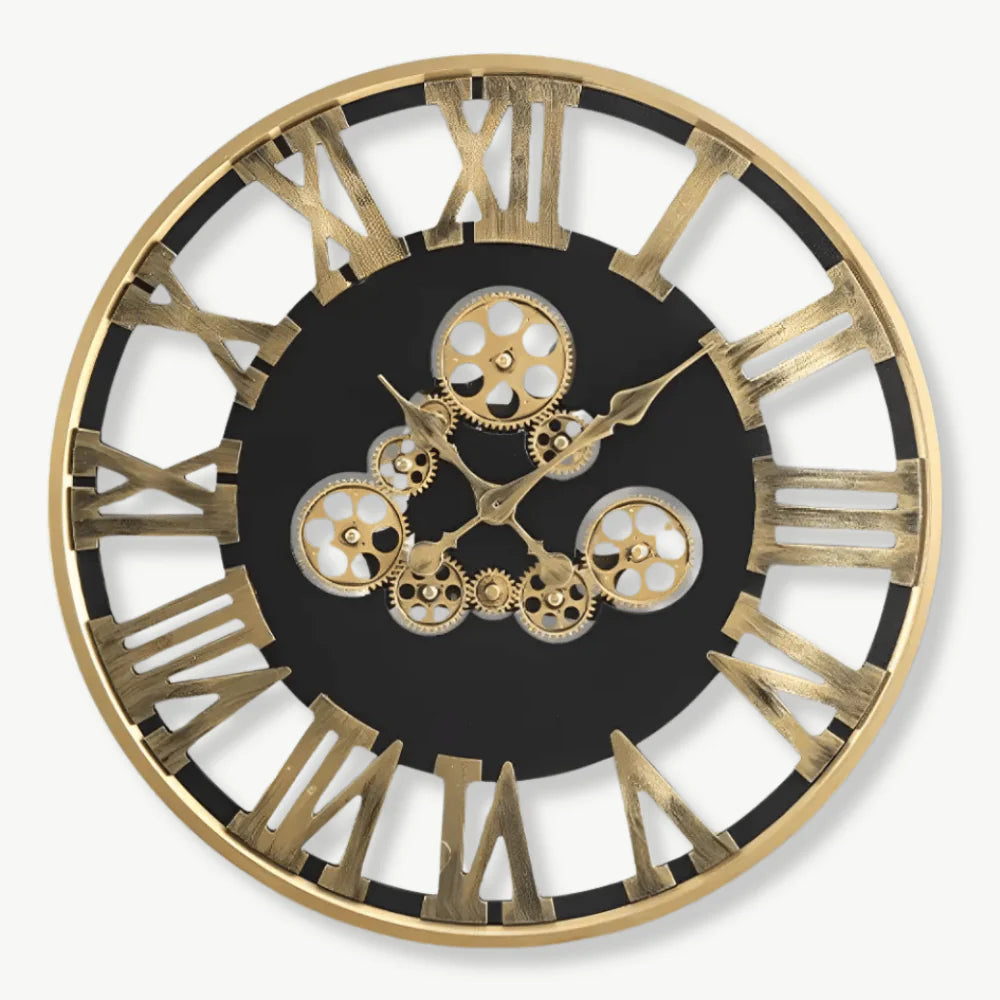 Orologio da parete con ingranaggi rotanti dorati