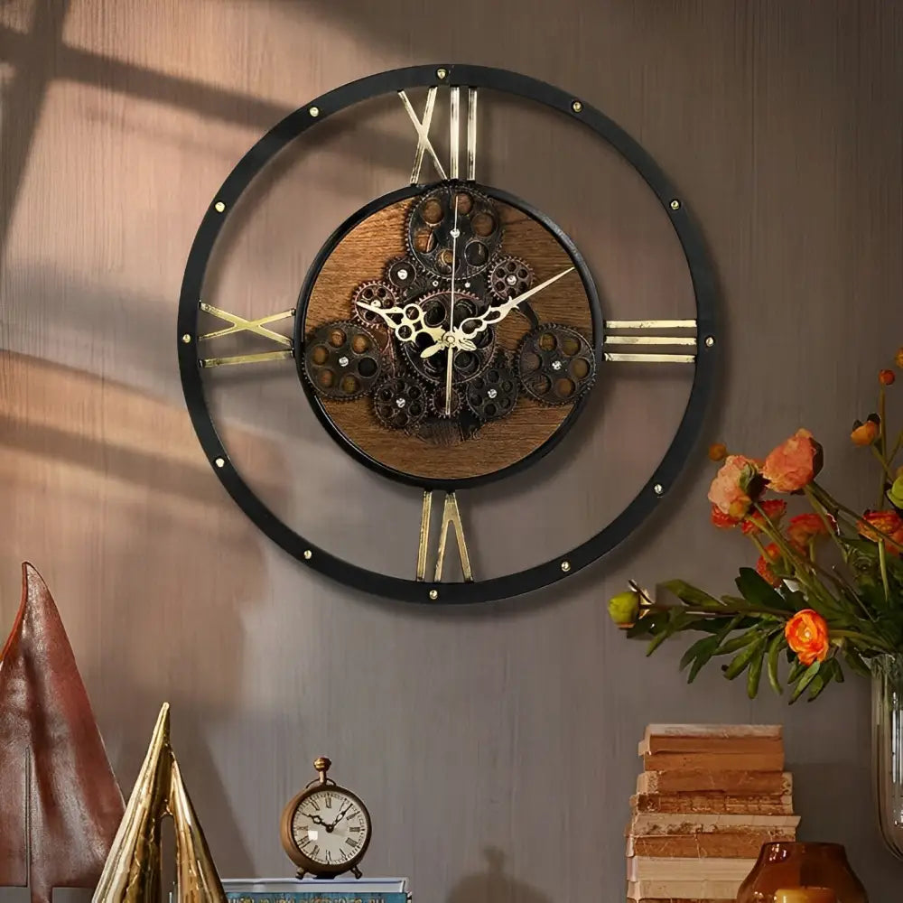 Orologio da parete con ingranaggi vintage in metallo e legno