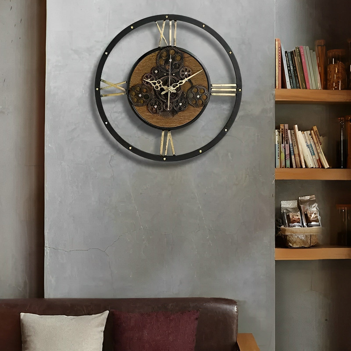 Orologio da parete con ingranaggi vintage in metallo e legno