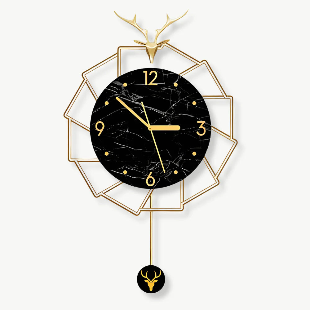 Orologio da parete di lusso con cervo dorato e marmo nero