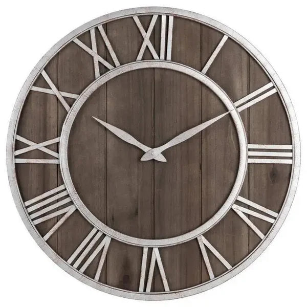 orologio da parete in legno e metallo con numeri romani