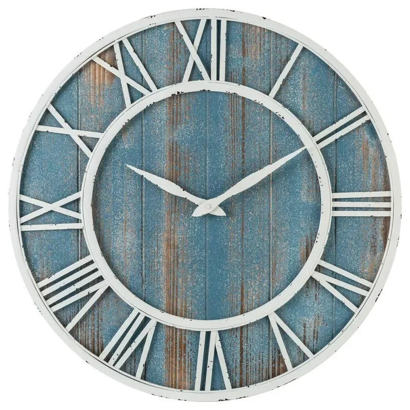 orologio da parete in legno e metallo con numeri romani